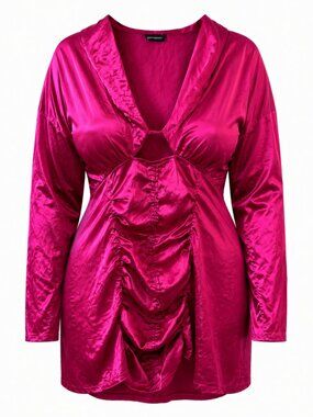 🦋 2/30 NWT PrettyLittleThing Pink Satin Ruched Hooded Mini Dress Size US 18